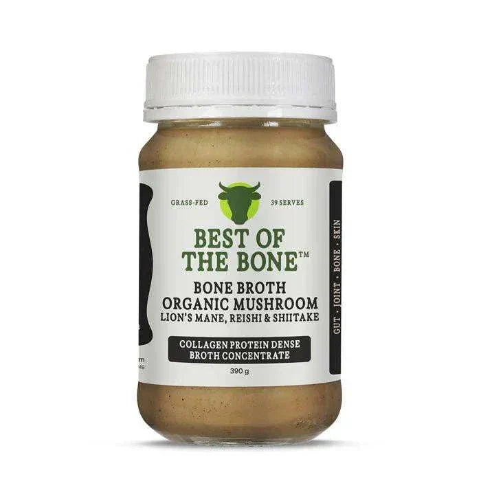 Premium Best of the Bone beef bone broth concentrate jar, grass-fed, nutrient-rich, collagen protein, 390g.