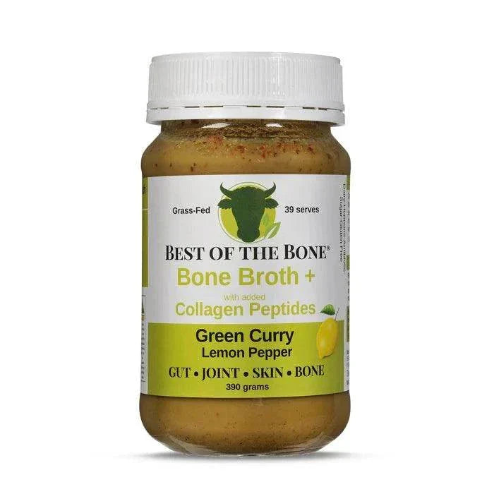 Premium Best of the Bone Beef Bone Broth Concentrate with Collagen Peptides in jar; green curry lemon pepper flavor; supports gut, joint, skin, and bone health.