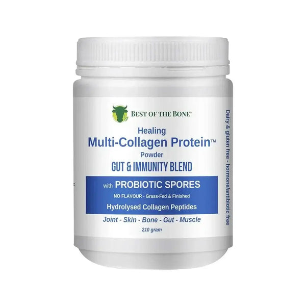 Best of the Bone Grass-Fed Multi-Collagen Protein with Probiotic Spores jar for gut and immunity support.