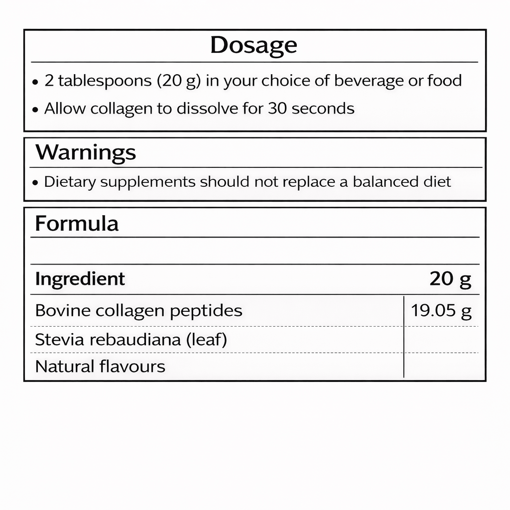 Dosage and ingredient information for BioPure Collagen Protein, featuring collagen peptides and natural flavours.