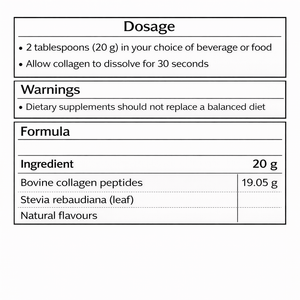 Dosage and ingredient information for BioPure Collagen Protein, featuring collagen peptides and natural flavours.