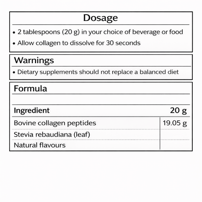 Dosage and ingredient information for BioPure Collagen Protein, featuring collagen peptides and natural flavours.