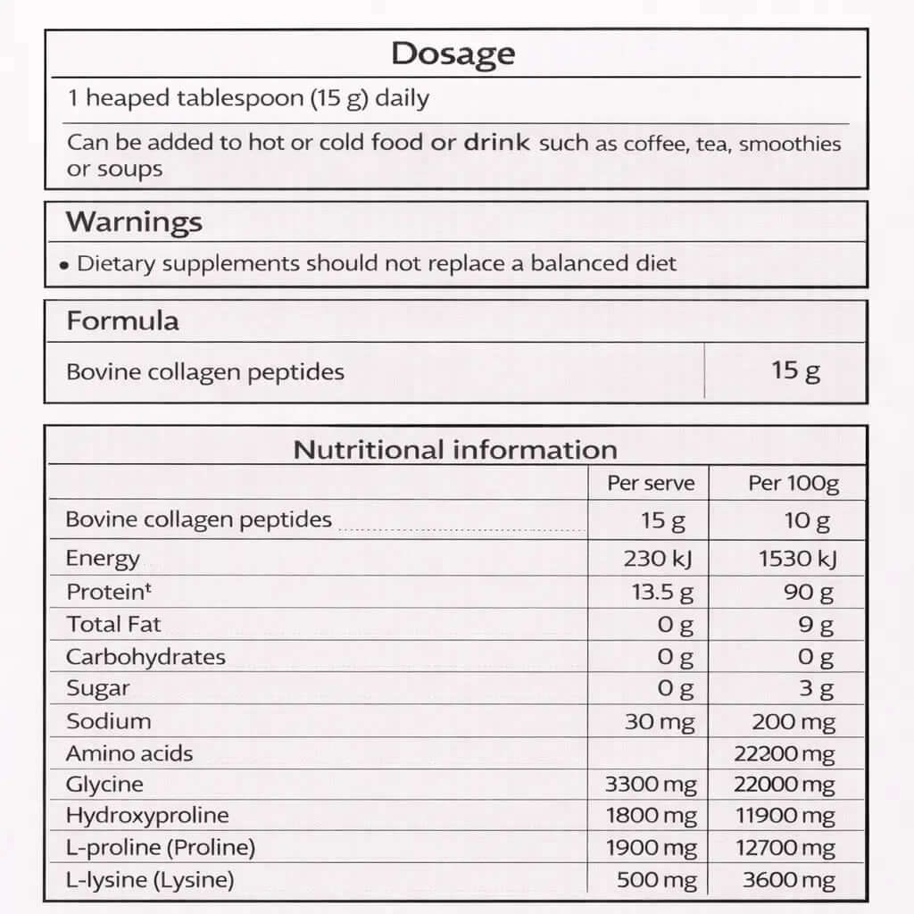 Dosage and nutritional information for multi-collagen protein powder, highlighting collagen peptides and serving details.