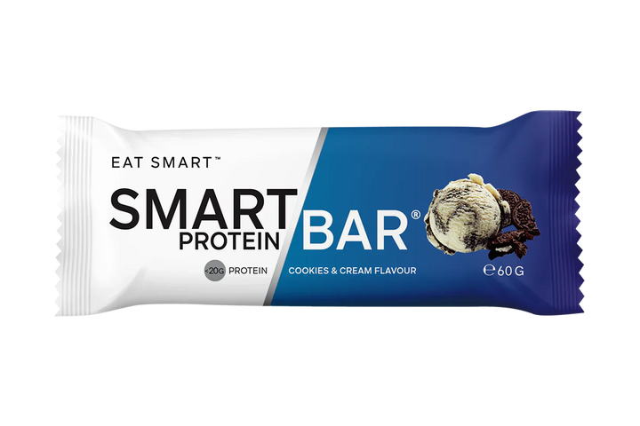 Smart Protein Bar packaging featuring cookies & cream flavor, 20g protein, all-natural ingredient snack.