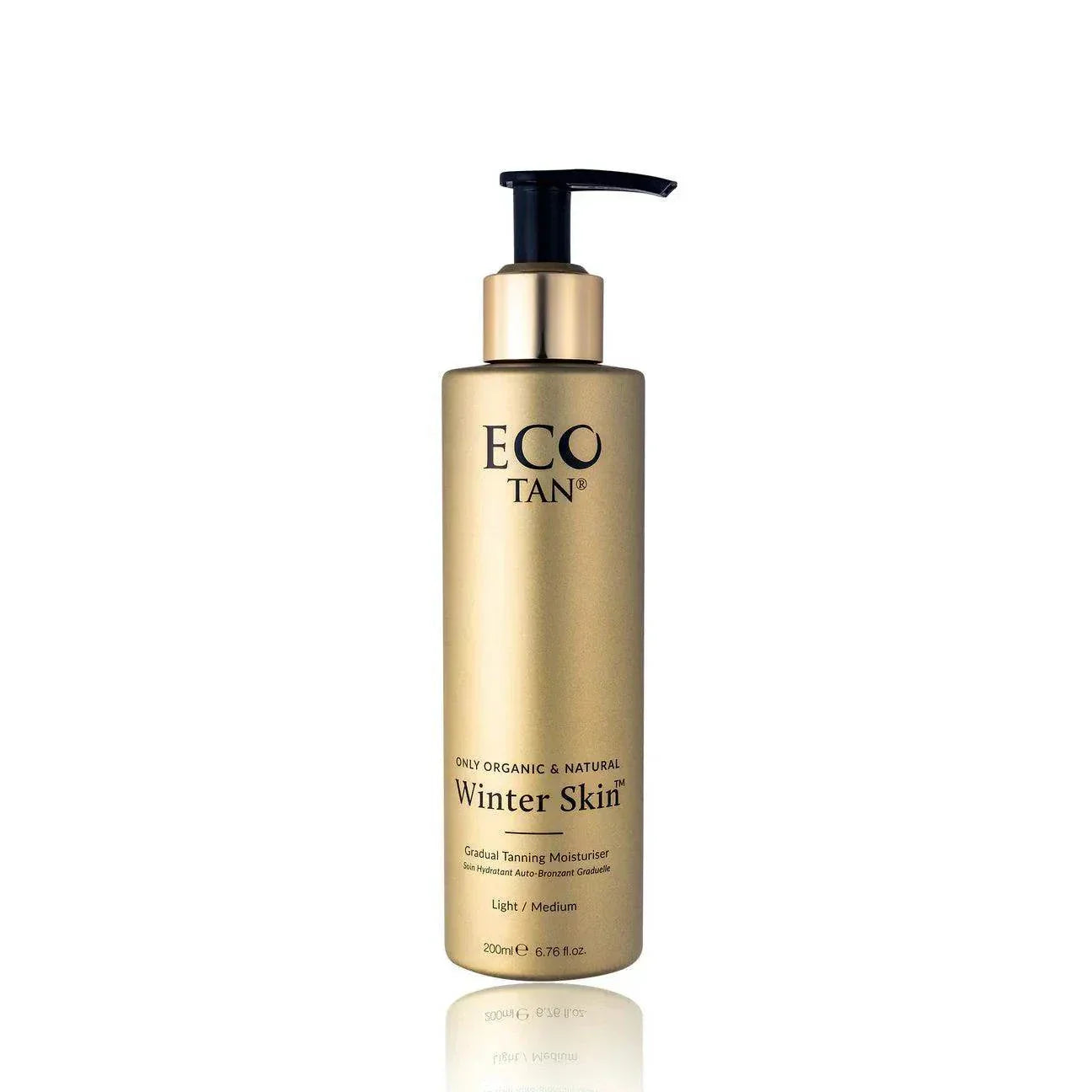 Winter Skin Eco Sonya gradual tanning lotion in gold pump bottle, 200ml, organic moisturizer for glowing sun-kissed look.