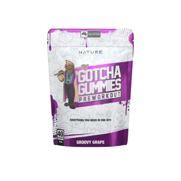 Gotcha Pre-Workout Gummies by NG Labs packaging, groovy grape flavor.