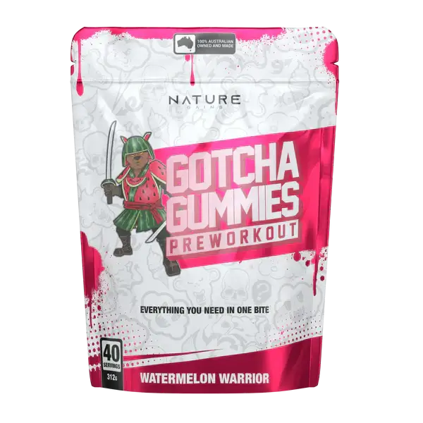 Gotcha Pre-Workout Gummies packaging, Watermelon Warrior flavor.