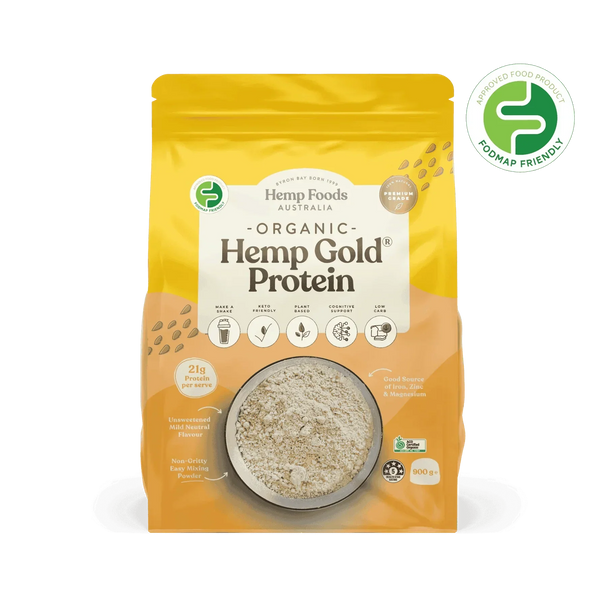 Organic Hemp Gold Protein Powder by Hemp Foods Australia in eco-friendly packaging, FODMAP friendly, plant-based nutrition, 800g.