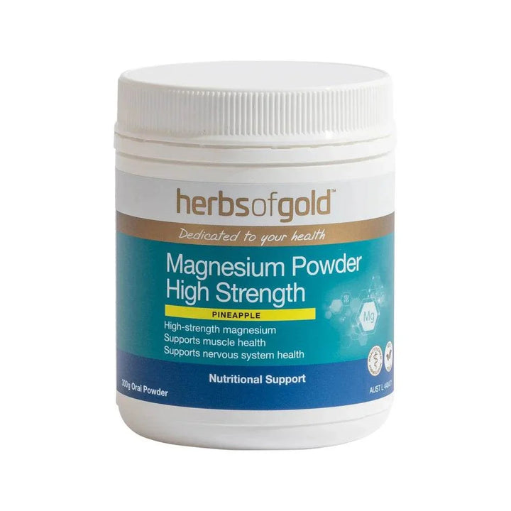 Gold Magnesium Powder High Strength supplement jar, supports muscle and nervous system health, pineapple flavor.