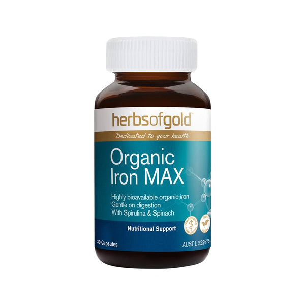 Herbs of Gold Organic Iron MAX supplement bottle with highly bioavailable iron, Spirulina, and spinach for digestion support.