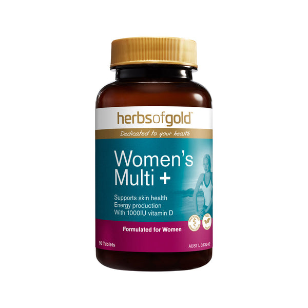 Herbs of Gold Womens Multi+ bottle, multivitamin supplement for women's health with essential vitamins and minerals, 50 tablets.