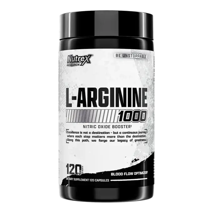 Nutrex Research L-Arginine 1000 60 serves supplement, nitric oxide booster for enhanced blood flow and performance, 60 serves.