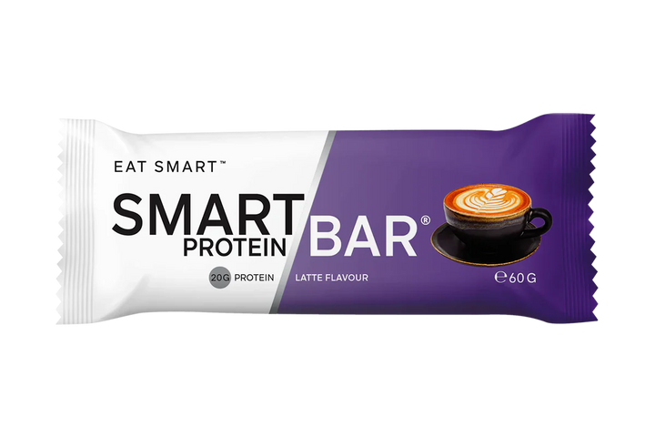 Smart Protein Bar in Latte Flavour packaging, 20g protein, 60g bar.