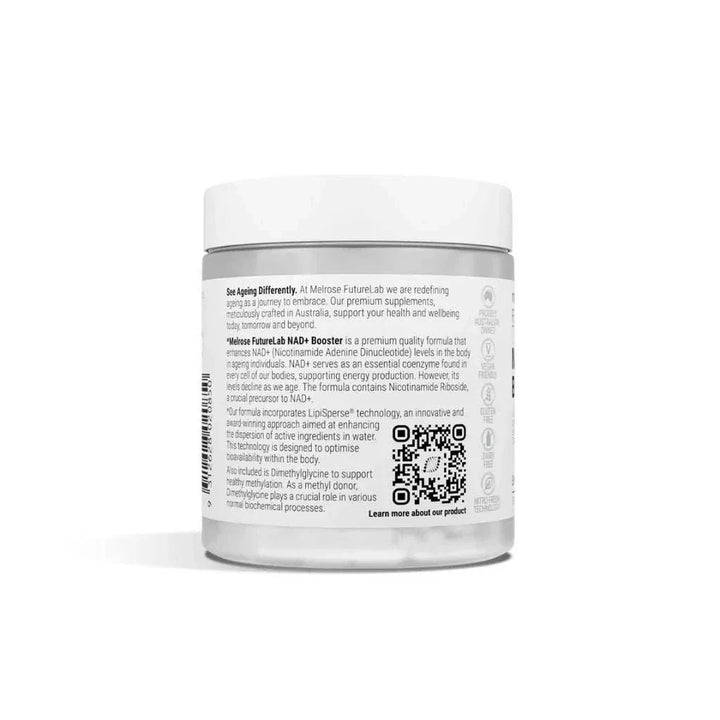 Melrose FutureLab NAD+ Booster container with high-quality formula label, designed for energy and cellular health support.