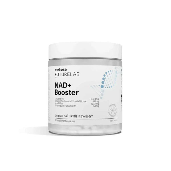 Melrose FutureLab NAD+ Booster supplement bottle with Nicotinamide Riboside and LipiSperse® technology for enhanced bioavailability.