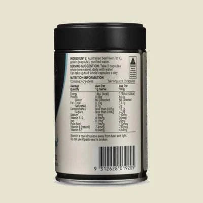 Melrose Origins Grass Fed Beef Liver Capsules container showing nutrition information and ingredients list.