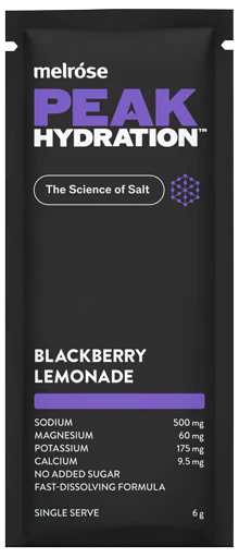 Peak Hydration Blackberry Lemonade single-serve sachet by Melrose.