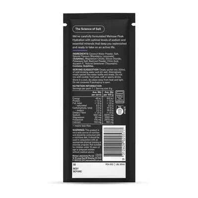 Melrose Peak Hydration Tub packaging with nutritional information and ingredients list.