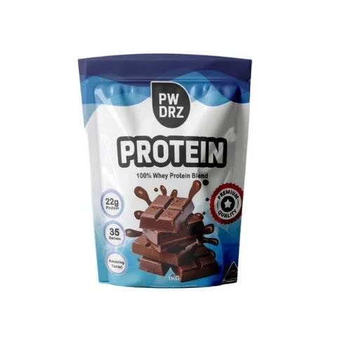 PWDRZ 100% Whey Protein Blend packaging with premium quality label, 35 serves, and chocolate flavor.