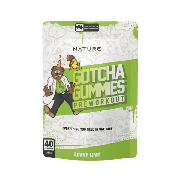 Gotcha Pre-Workout Gummies by NG Labs - Ultimate Performance Boost, 40 Servings Loony Lime Flavor Packaging.