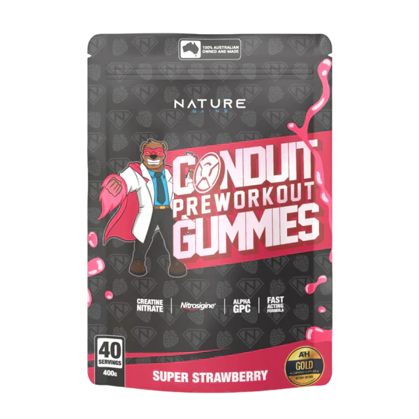 Conduit Pre-Workout Gummies by NG Labs, 40 servings, super strawberry flavor, packaging.