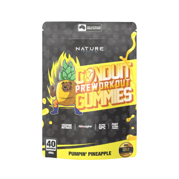 Conduit Pre-Workout Gummies 40 Serves by NG Labs packaging, Pumpin' Pineapple flavor, featuring a cartoon pineapple character.