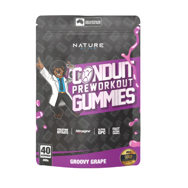 Conduit Pre-Workout Gummies 40 Serves by NG Labs packaging with groovy grape flavor.