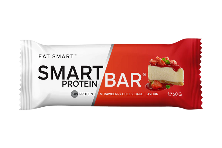 Smart Protein Bar Strawberry Cheesecake Flavour packaging, featuring 20g protein and all-natural ingredients for a healthy snack.