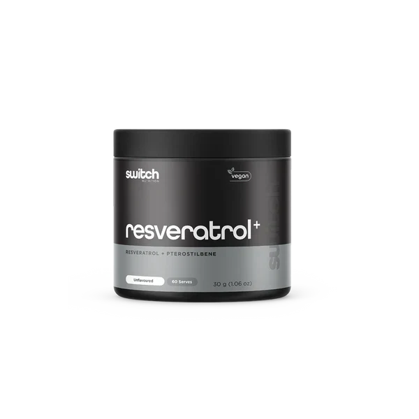 Resveratrol+ by Switch Nutrition 60 Serves supplement jar, advanced formula for longevity and cellular health support.