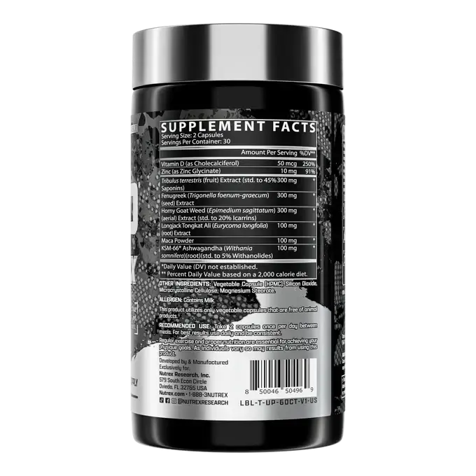 Nutrex Research T-Up Max supplement bottle with ingredients list for natural testosterone support and muscle growth.