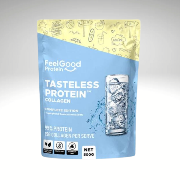Feel Good Protein Tasteless Protein Collagen 500g bag with clear, odorless collagen protein, 15g per serve.