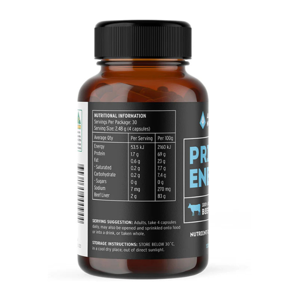 Ancestral Nutrition Primal Energy Grass Fed Beef Liver Capsules, 120 count, nutrient-rich organ supplement for energy and health.