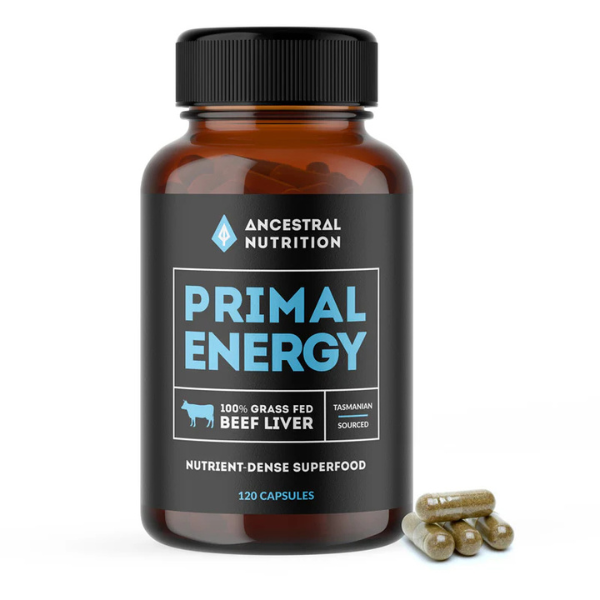Ancestral Nutrition Primal Energy Grass Fed Beef Liver Capsules, 120 count, nutrient-dense superfood supplement.