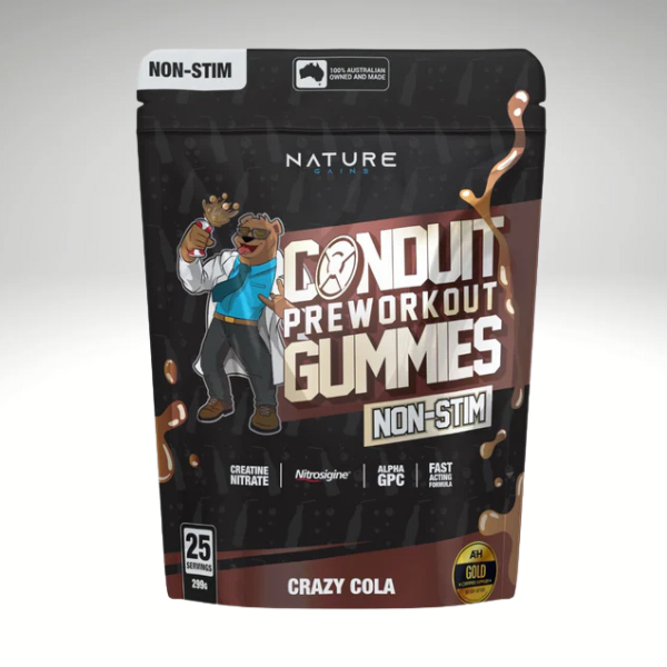 Conduit Non-Stim Pre-Workout Gummies packaging, 25 servings, caffeine-free fitness supplement for energy and endurance.