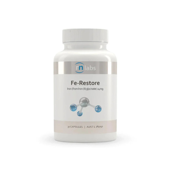 Fe-Restore Iron supplement by RN Labs, highly absorbable iron for energy and wellbeing.