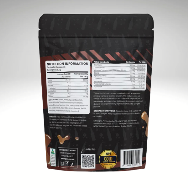 Back view of Conduit Non-Stim Pre-Workout Gummies packaging displaying nutritional information and ingredients.