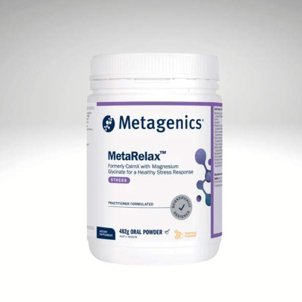 Metagenics MetaRelax Powder container, magnesium bis-glycinate supplement with tropical flavor for stress relief, healthcare practitioner product.