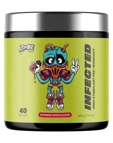 Infected High Stim Pre Workout by Zombie Labs, 400g tub, raspberry ripper flavor, focus and mood booster.