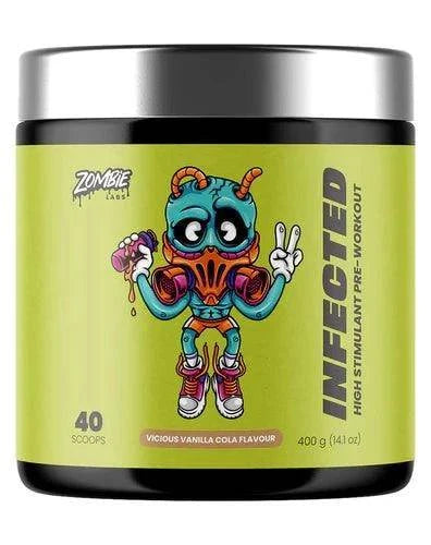 Infected High-Stim Pre-Workout by Zombie Labs in 400g tub, Vicious Vanilla Cola flavor, focus and energy booster.