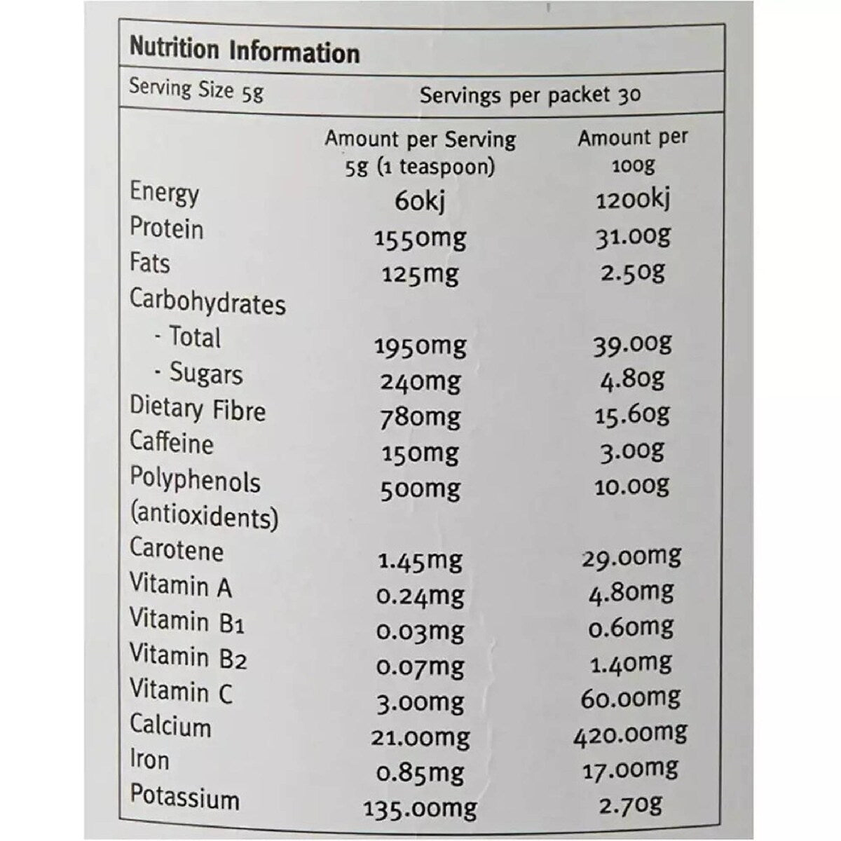 Absolute Green Organic Green Tea Powder 150g back label