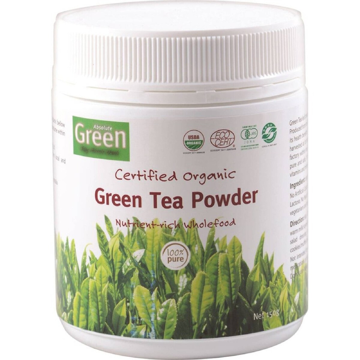 Absolute Green Certified Organic Green Tea Powder 150g front