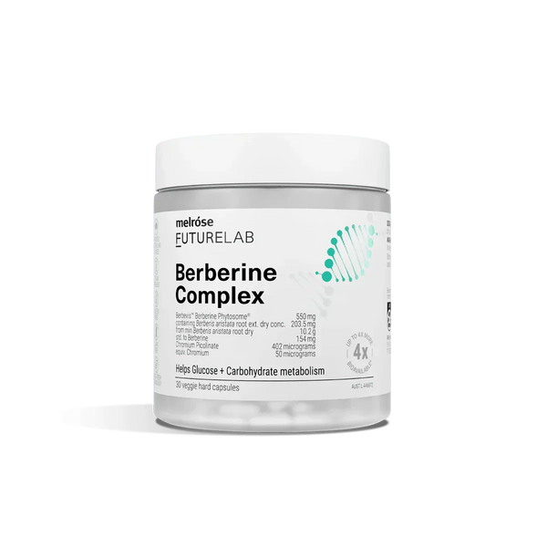 Berberine Complex supplement bottle from Melrose FutureLab for glucose and carbohydrate metabolism support.