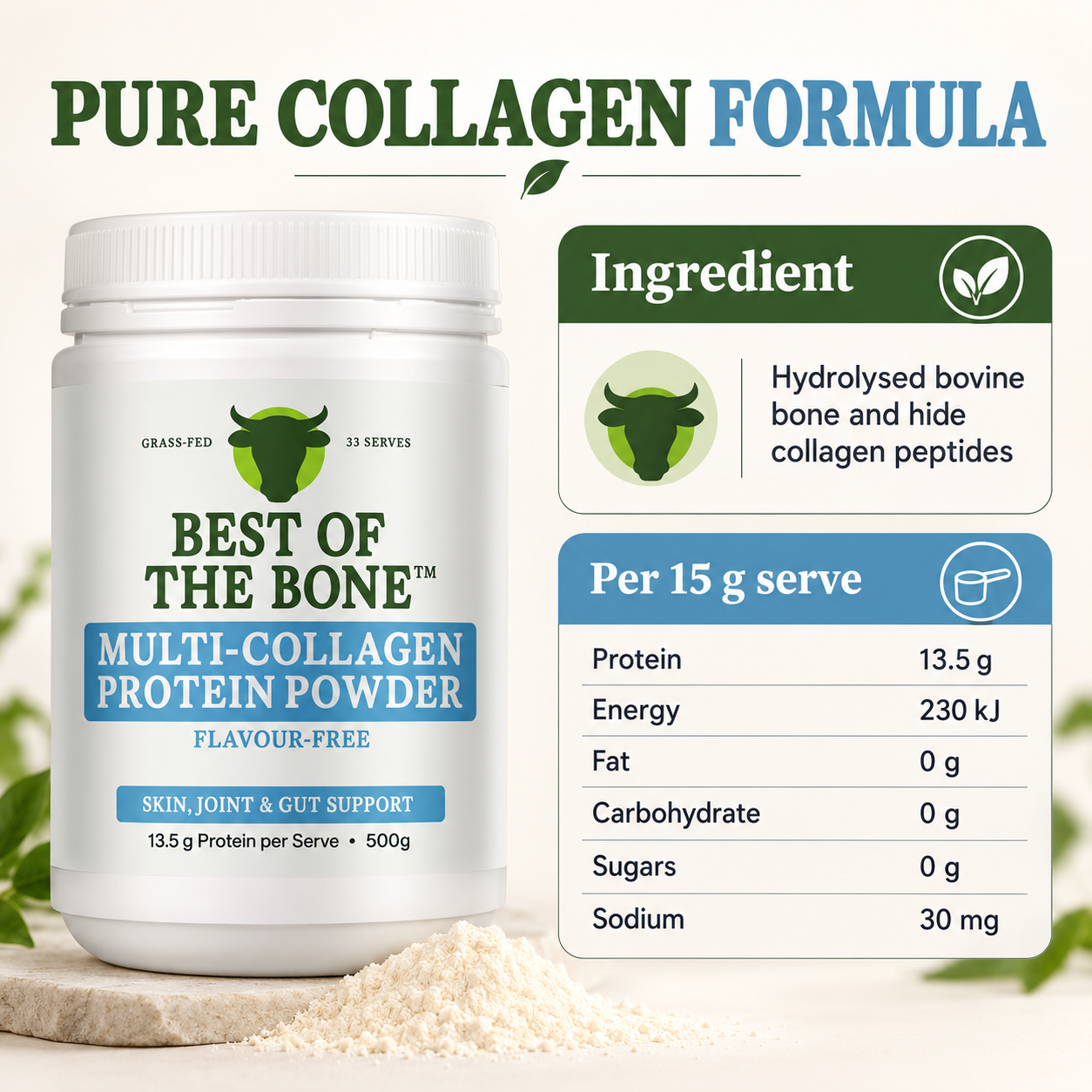 Best of the Bone Multi-Collagen Protein Powder ingredient and nutrition per 15 gram serve