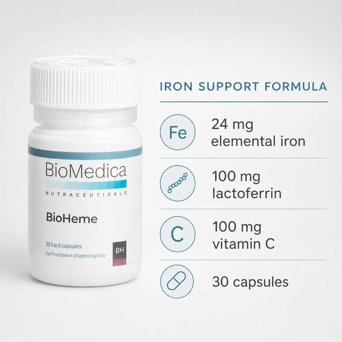 BioMedica BioHeme ingredients: 24 mg iron, 100 mg lactoferrin and 100 mg vitamin C