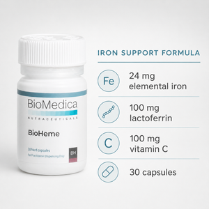 BioMedica BioHeme ingredients: 24 mg iron, 100 mg lactoferrin and 100 mg vitamin C