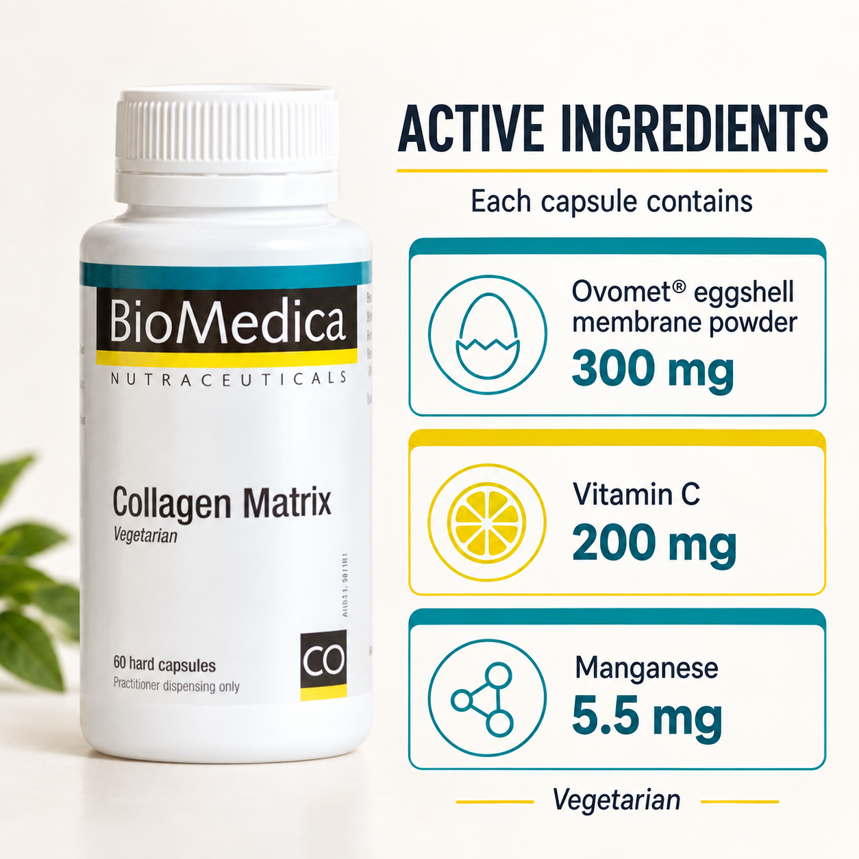 BioMedica Collagen Matrix active ingredients Ovomet, vitamin C and manganese