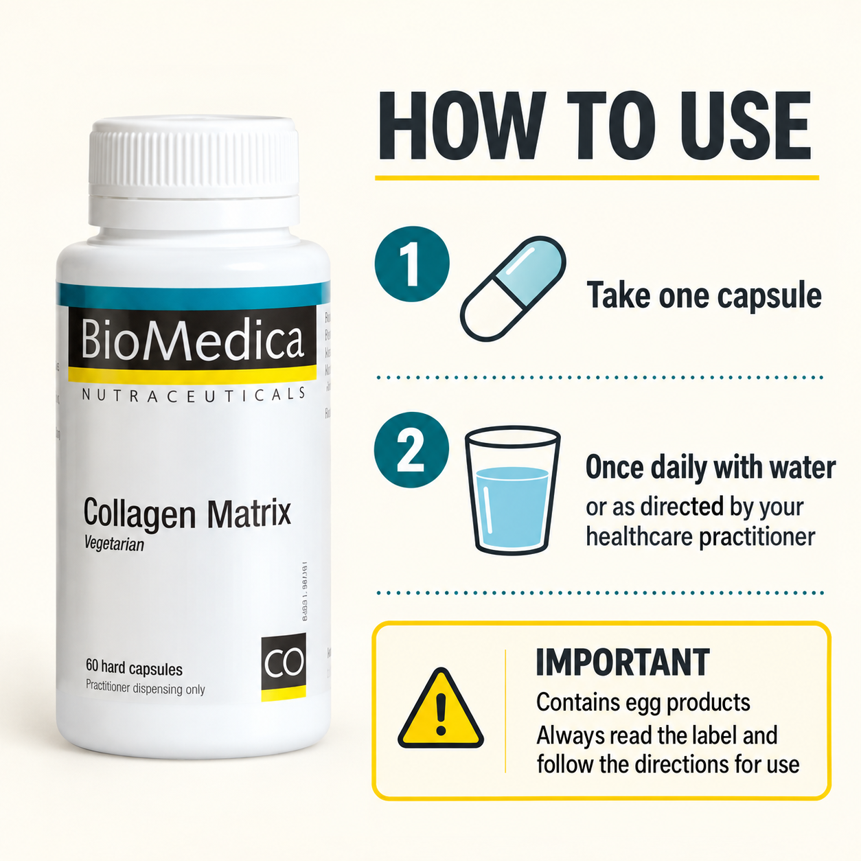 How to use BioMedica Collagen Matrix 60 Capsules with dosage and egg warning
