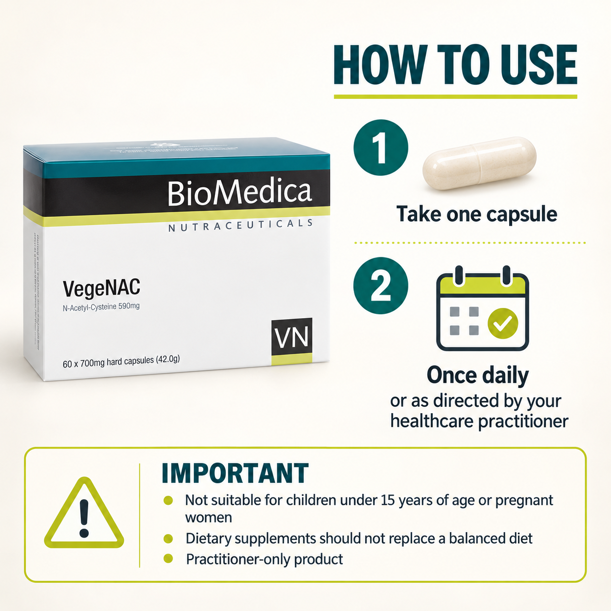 BioMedica VegeNAC dosage directions and important warnings