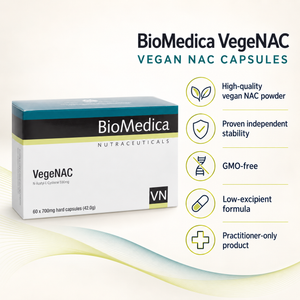 BioMedica VegeNAC 60 Capsules key features including vegan NAC, GMO-free and practitioner-only