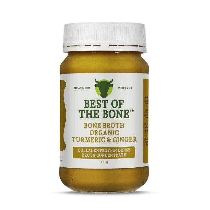 Best of the Bone Bone Broth Concentrate jar with turmeric and ginger, rich in collagen and nutrients, 390g.